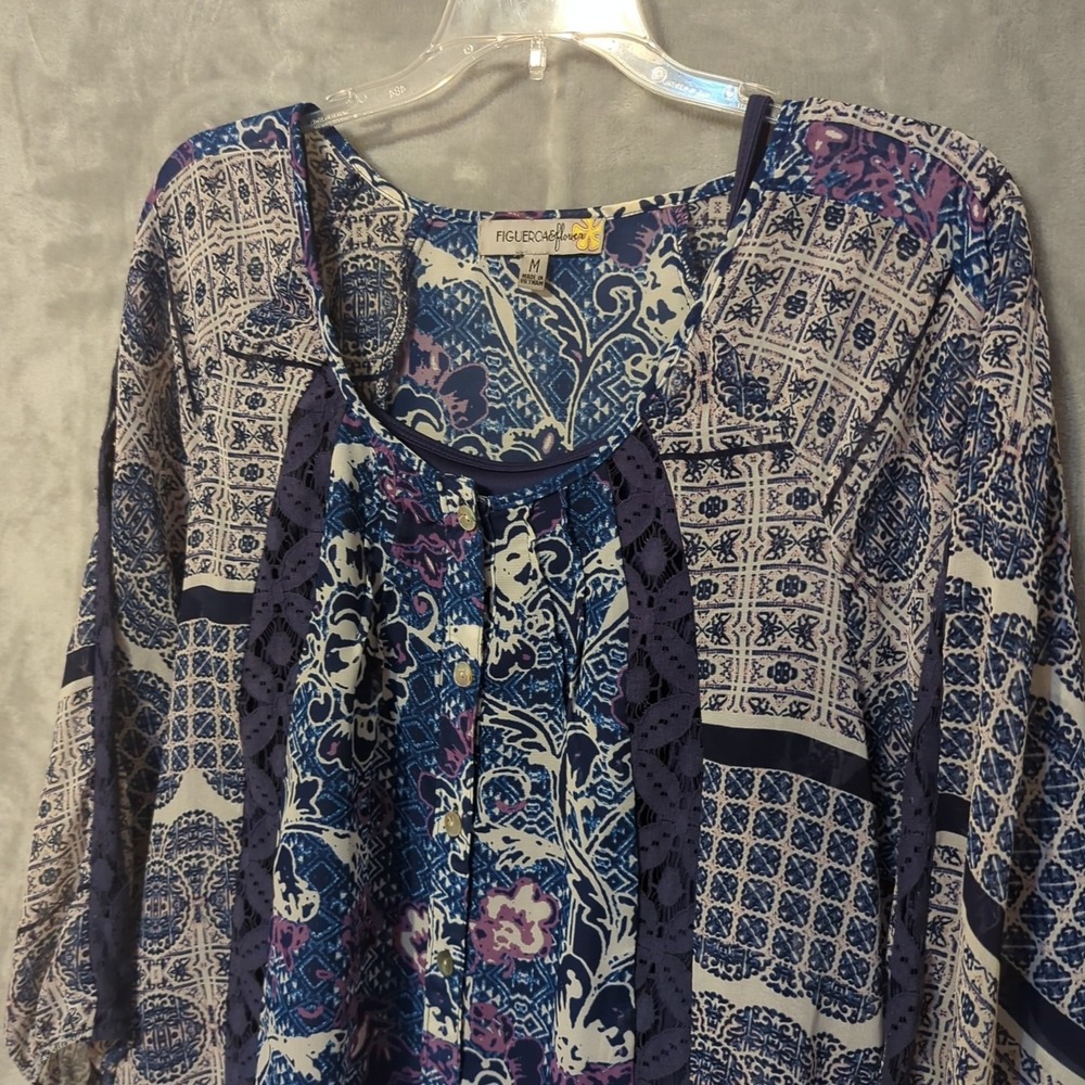 Figueroa & Flower Boho Top Long Sleeve Floral Design Sheer Fairy Romantic Size M
